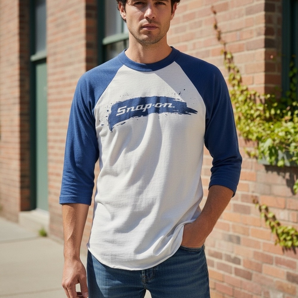Snap-on T-Shirt Mens Medium Blue White Raglan 3/4 Sleeve Vintage Sport-T Stedman